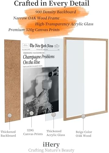 iHery 8x10in Champagne Problems on the Rise Framed Newspaper Art | Natural OAK Wood Frame with Canvas Print, Vintage Champagne Decor for Bar Cart, Kitchen, Living Room and Bathroom, 1Pack