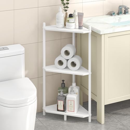 Wisuce White Small Corner Shelf Stand, 3-Tier Bamboo Corner Bookshelf