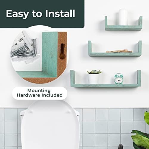 Greenco Set of 3 Floating “U” Shelves, Easy-to-Assemble Floating Wall Mount Shelves for Bedrooms and Living Rooms, Rustic Turquoise Finish