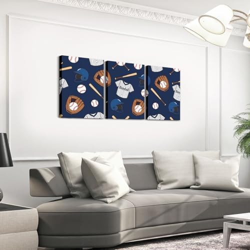 Feelyou Baseball Theme 3 Piece Canvas Wall Art for Living Room Bedroom Baseball Uniform Wall Art for Home Decor Sport Helmet Office Decor Artwork Navy Blue Picture Posters