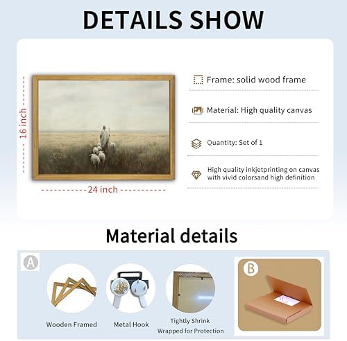 Wood Framed Jesus Wall Art, Christian Canvas Wall Decor, Jesus Leaves the 99 Sheep Poster Print Picture, Lost Lamb Religious Artwork Oil Painting for Living Prayer Room Bedroom 16x24 inch