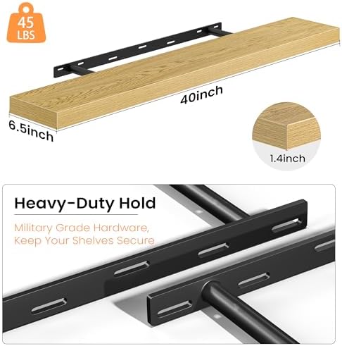 40 Inch Floating Shelves for Wall, Rustic Wood Wall Mounted Deep Storage Shelves with Invisible Brackets, Long Decorative Display Ledge for Living Room Bedroom Bathroom and Kitchen, Set of 2, Oak