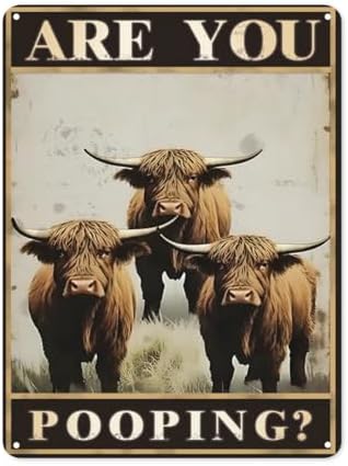 12x8 inches Highland Cow "Are You Pooping?" Funny Tin Signs, Bathroom Wall Decor(90)
