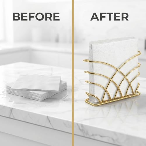 Napkin Holder for Table, Gold Iron Upright Paper Dispenser Caddy