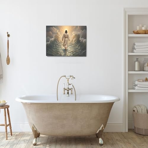 Jesus Walking on Water Wall Art Jesus Christian Spiritual Wall Decor Pictures Bible Story Canvas Prints Painting God Faith Artwork Decoration for Bathroom Bedroom Living Room Framed Gifts 12"x16"