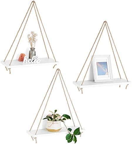 Mkono Wood Hanging Shelves for Wall Boho Decor Swing Rope Rustic Floating Shelf, Set of 3 Wall Display Shelving Home Organizer Rack for Living Room Bedroom Bathroom Kitchen,White