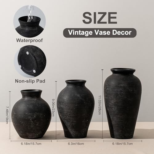 7.48 Inch Vintage Ceramic Flower Vase, Rustic Farmhouse Vase for Home Decor, Distressed Decorative Terracotta Vase for Table Centerpiece Living Room Bathroom Bedroom (Black-7.48'')