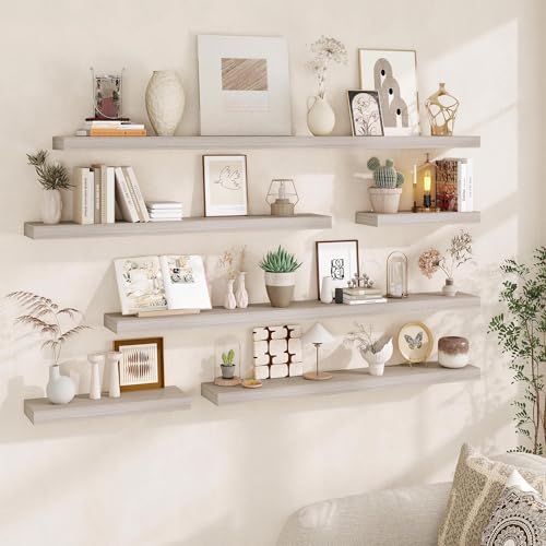 Fun Memories Floating Shelves for Wall, 48Inch Long Floating Shelves Set of 2, Hanging Shelf with Invisible Brackets, Wood Shelves for Living Room, Bedroom, Kitchen, Grey