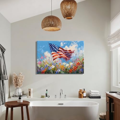 RIBNTAK Made in USA 4th of July Canvas Print Wall Art, Impressionist American Flag & Wildflowers Painting Artwork for Living Room, Patriotic Independence Day Pictures, Americana Home Decor