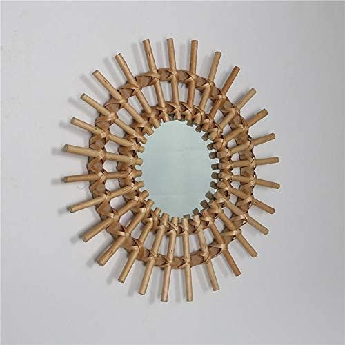 Boho Style Rattan Mirror, 11" Round Wall Mounted Mirror, Silver Frame, Vintage Boho Style, Handmade, Bathroom Wall Decor