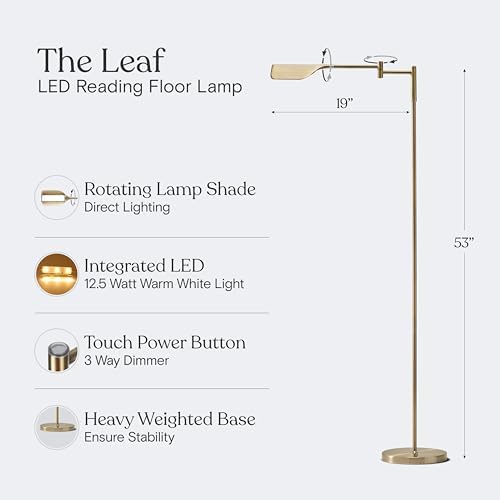Brightech Leaf Pharmacy LED Reading Lamp, Dimmable Floor Lamp with Easy Rotation over Chair or Desk for Living Rooms & Offices, Adjustable Standing Tall Lamp, For Sewing & Crafts, Antique Brass (Gold)