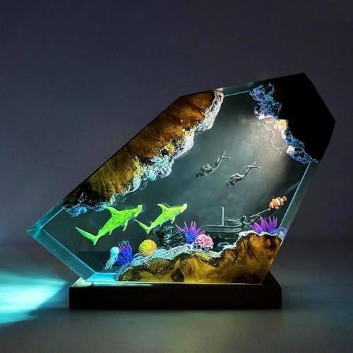 Handmade Hammerhead Shark Resin Ocean Lamp with Wooden Base