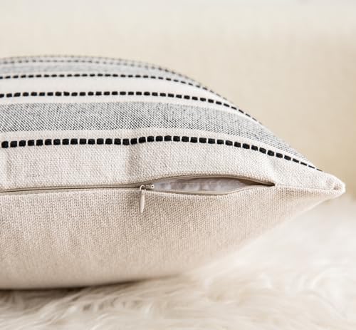 Cethom Decorative Boho Throw Pillow Covers, Farmhouse Textured Pillow Case, 18 x 18 Inch Set of 2, Chair Sofa Bedroom Living Room Home Decor Couch Cushion Case, Black and Beige Striped