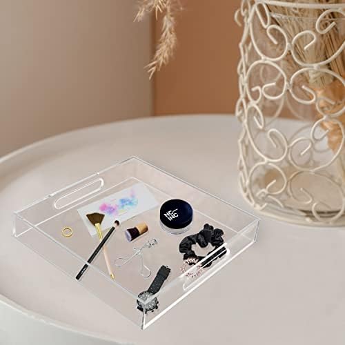 Acrylic Serving Tray (12x12x2Inch) with Handles -Spill Proof- Clear Decorative Tray for Appetizer,Breakfast -Countertop Organizer Storage Tray for Kitchen,Bathroom,Living Room