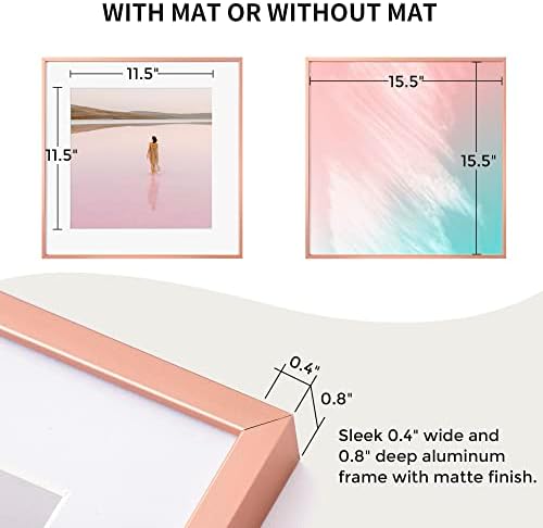 16x16 Metal Picture Frame with 12x12 Mat, Brushed Aluminum Finish, Tempered Glass Front, and Attached Hanging Hardware - Wall Display Frames for Vertical or Horizontal Orientation - Rose Gold
