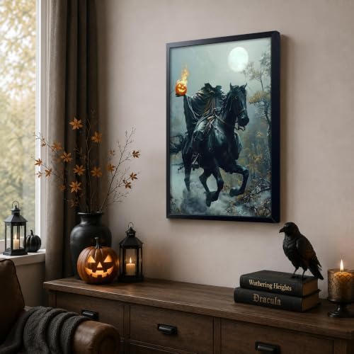 Framed Headless Horseman Halloween Wall Art, Gothic Horror Canvas Poster Print Picture, Spooky Pumpkin Rider Dark Academia Wall Decor Painting for Living Room Bedroom Bathroom Halloween Home Decor 16x24 Inch