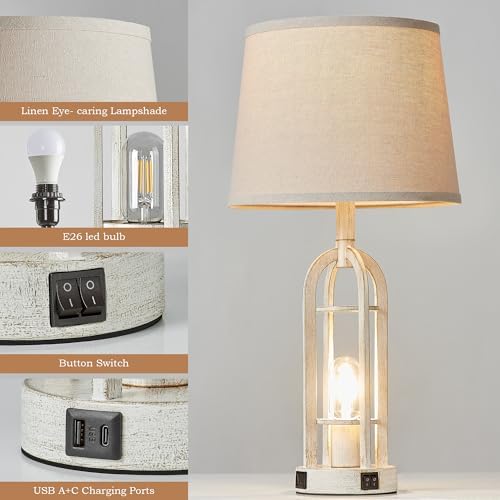 SRJJA Farmhouse Table Lamps for Living Room Set of 2 - Rustic Industrial Bedside Lamps for Bedroom Nightstand with Nightlight and USB A+C, 4 Bulbs Included
