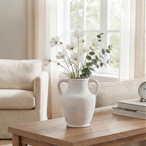 Ceramic Flower Vase with Handles, 8.66 inch Tall Ceramic Vase Farmhouse Rustic Vases Decorative Pottery Vases for Home Decor Living Room Bookshelf Table Centerpiece Desk Bathroom Fireplace, White
