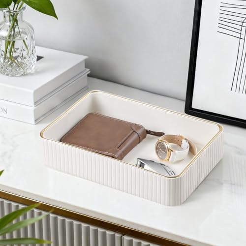 Desk Organizer Tray, PU Leather Nightstand Organizer, Ivory Medium