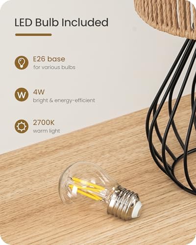 Rattan Table Lamp, Boho Table Lamp, Small Bedside Lamp, Handwoven Paper Lampshade, 2700K LED Bulb Included, Boho Desk Lamp, Modern Nightstand Lamp for Bedroom, Living Room, Striped SW06TL05