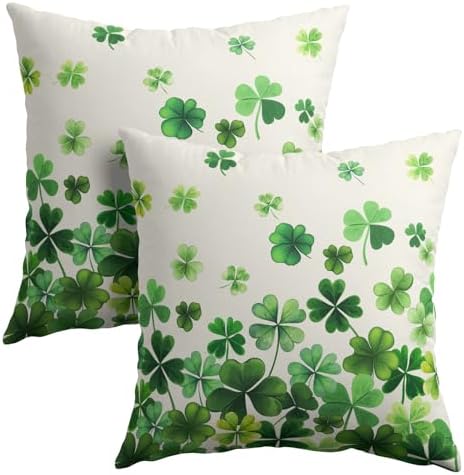 Lucky Clover Shamrocks Throw Pillow Covers St. Patrick's Day Pillowcase 20x20inch Set of 2 Green Spring Holiday Decorative Cotton-Linen Square Cushion Cases for Home Couch Bed