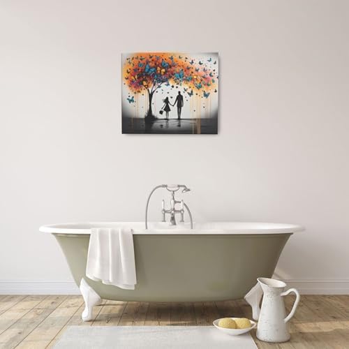 Crekviy Butterfly Tree Pictures Wall Decor Butterfly Canvas Wall Art Graffti Couple Prints Painting Artwork Decorations for Bathroom Bedroom Living Room Framed Gifts 20"x24"