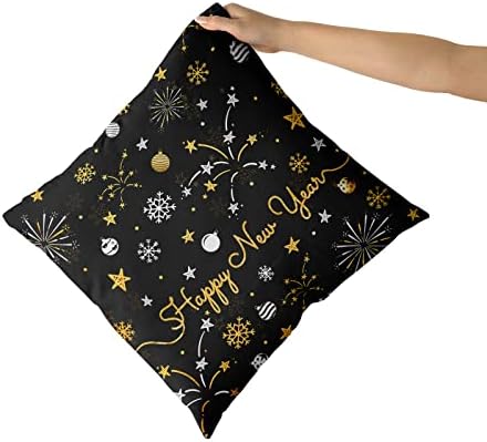 Giwawa 2 PCs Happy New Year Pillow Covers 16"x16" Winter Snowflake Firework Throw Pillowcase with Colorful Star Christmas Ball Square Black Gold Cushion Cover for Sofa Couch Car Bed Home Xmas Decor