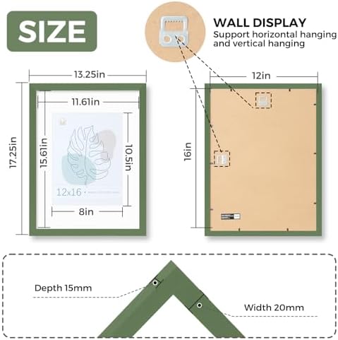 Muzilife Green 12x16 Wood Picture Frame with Mat, Real Glass Cover, 1 Pack