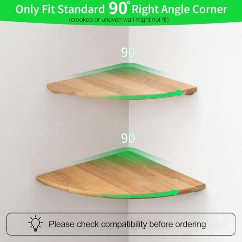 Corner Shelf, 12inch Solid Oak Wood Floating Corner Shelves Wall Mount Round End Floating Speaker Shelf with Wire Hole for Small Plant Photo Frame for Bedroom Kitchen, Living Room