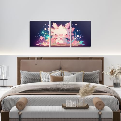 Feelyou Cute Axolotl Canvas Wall Art for Living Room Wall Decor for Bedroom Bathroom Cartoon Salamander Paintings Modern 3 Piece Framed Canvas Art Prints Ready to Hang Star Print Pictures Home Decor