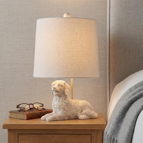 18.5" Distressed White Retriever Dog Table Lamp, Oatmeal Hardback Shade