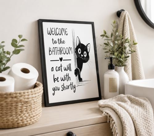 Black Framed Funny Cat Canvas Wall Art Black White Humorous Animal Bathroom Poster Print Artwork Welcome to Bathroom Painting Picture Wall Decor for Restroom Toilet Home Decoration 8x10in