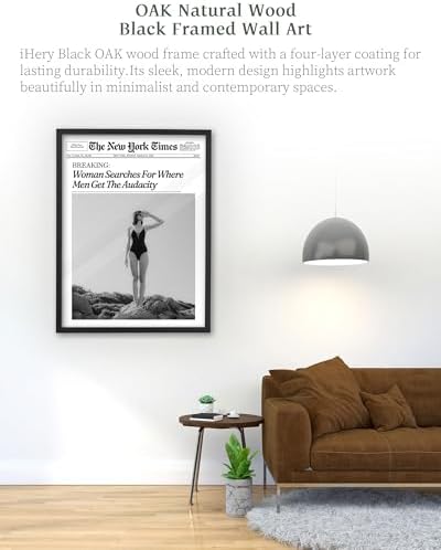 iHery 12x16in Where Men Get the Audacity Framed Newspaper Wall Art | Black Natural OAK Wood Frame with Canvas Print, Funny Magazine Decor for Bathroom Bedroom Girl Dorm Living Room, 1Pack
