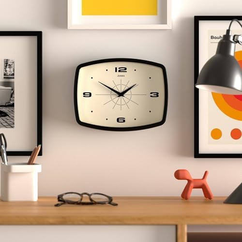 JONES CLOCKS® Movie wall Clock | Rectangular Retro Clock | 10" | Black | Cool mid-Century Designer Look for Kitchen, Living Room or Office