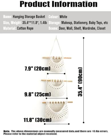 AARAINBOW Wall Cotton Hanging Baskets, Large 3 Tier Decorative Wall Basket, for Nursery, Boho Kitchen Decor - Cotton Rope Fruit basket (White)