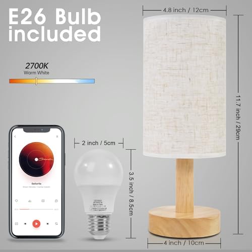 Small Bedside Table Lamp for Bedroom,Natural Round Wood Base&Fabric Linen Shade,Cozy Night Table Light for Study Reading,Minimalist Boho Desk Lamp for Nightstand,Living Room,Nursery,Kitchen,Dorm