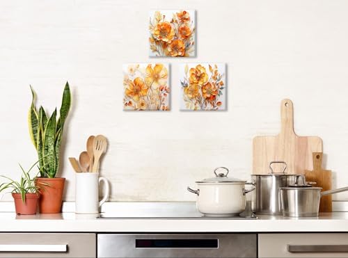Orange Wall Art Bathroom Decor Fall Flower Pictures Wall Decor for Bedroom | Abstract Poppy Canvas Prints Nature Burnt Orange Floral Wall Pictures for Living Room Botanical Wildflower Prints 12x12" 3Pcs