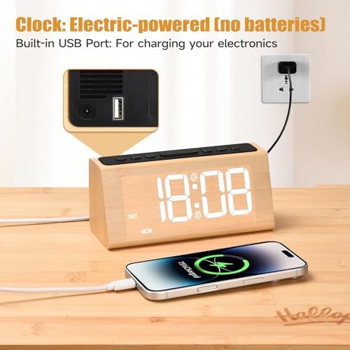 Cadmos Wooden Dynamic RGB Digital Alarm Clock for Bedroom,Dual Alarm with Large Numbers,Loud Adjustable Volume for Heavy Sleepers,Snooze,DST,Wood Decor,Bedside & Desk Use(Bamboo - RGB Digits)