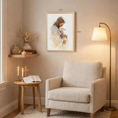EisEver Jesus Holding Lamb Wall Art, Christian Good Shepherd Religious Decor, Inspirational Jesus and Lamb Canvas Print, Biblical Faith Artwork for Bedroom Prayer Room Church Wood Framed 16x24 Inch