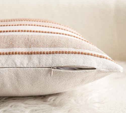 Cethom Decorative Boho Throw Pillow Covers, Farmhouse Textured Pillow Case, 22 x 22 Inch Set of 2, Chair Sofa Bedroom Living Room Home Decor Couch Cushion Case, Brown and Beige Striped