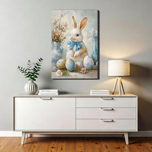 Easter Bunny with Blue Bow Canvas Wall Art, Framed Farmhouse Poster Prints for Kids Room, Cute Easter Eggs Pictures for Kitchen, Bathroom, Shelf Home Wall Decor,12x18 In
