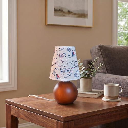 Vintage Wooden Night Lamp, Wood Base Fabric Lampshade, Adjustable Light Color and Brightness with Power-Off Memory, Safe USB Powered, Retro LED Table Light for Bedroom Living Room Office (Voyage)
