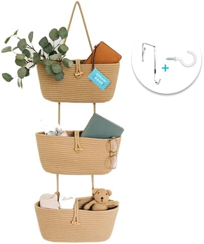 OrganiHaus Over the Door Organizer, Woven Rope Hanging Baskets, 3-Tier