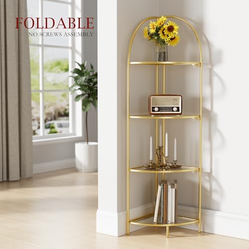Crofy 4-Tier Foldable Corner Shelf, Metal Gold Frame & Transparent Shelves