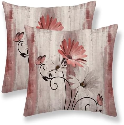 Red Floral Pillow Covers 18 x 18 Inch Set of 2 Daisy Floral Butterfly Decorative Throw Pillow Covers Linen Rustic Farmhouse Cushion Cases for Home Sofa Couch Living Room Decor