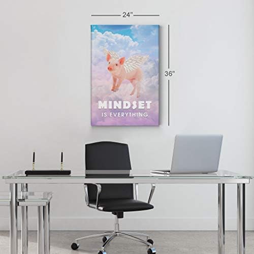 Smile Art Design Mindset is Everything Cute Pig with Wings Flying in Sky Motivational Canvas Wall Art Inspirational Wall Art Entrepreneur Quote Print Office Living Room Decor Gift Ready to Hang 17x11