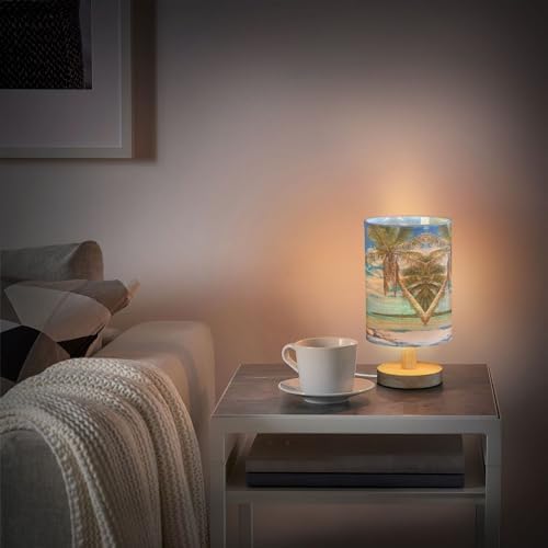 Table Lamp Tropical Beach White Sand Coconut Palm Tree Clear Blue Sky Ocean Nightstand Lamp with Wood Base Fabric Lamp Shade Bedside Desk Lamp for Living Room Bedroom Kids Room Office