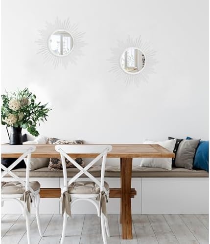 Sunburst Wall Mirrors 2 Set 12'' Decor Art Mirror Bohemian Home Round Modern Metal Mirror for Bedroom Living Room Hallway Bathroom Balcony White
