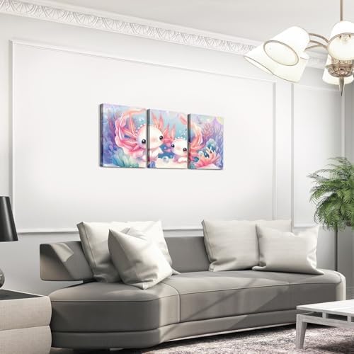 Feelyou Kids Cute Axolotl Picture Wall Decor Purple Mermaid Scale Canvas Wall Art for Living Room Bedroom Cartoon Ocean Animal Wall Painting Posters Prints Boys Girls Salamander Bathroom Wall Art 3Pcs