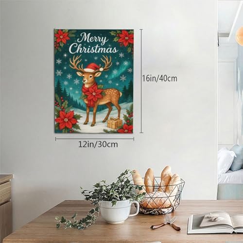 Reindeer Merry Christmas Wall Art Winter Reindeer Deer Poinsettia Canvas Wall Decor Elk Pictures Painting Print Framed Artwork Decorations Gifts for Living Room Bedroom Office 12"x16"